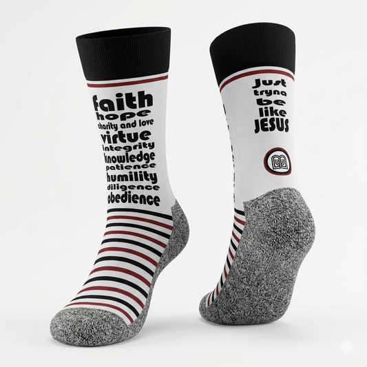 Just Tryna Be Like Jesus scripture-themed crew socks by B.O.M.Socks, view 1 of 5