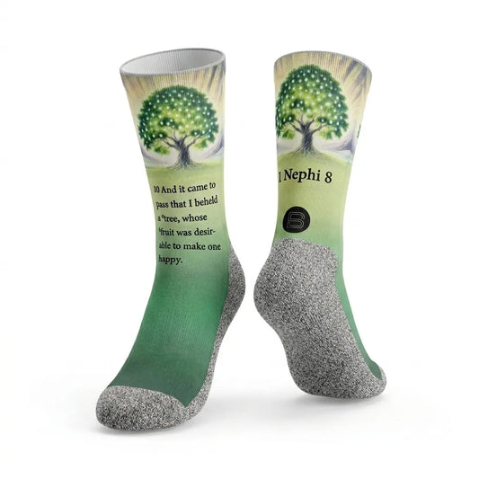 The Tree of Life (1 Nephi 8) scripture-themed crew socks by B.O.M.Socks, view 1 of 5