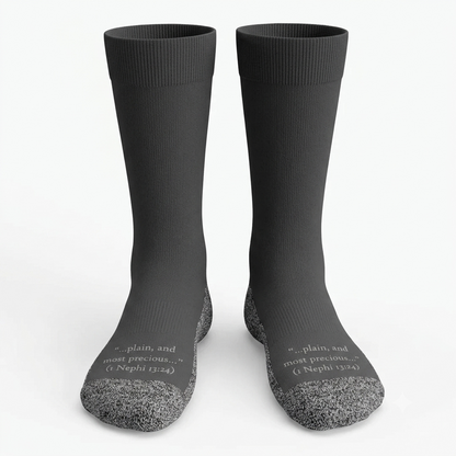 The Boring Grey Socks scripture-themed crew socks by B.O.M.Socks, view 1 of 6