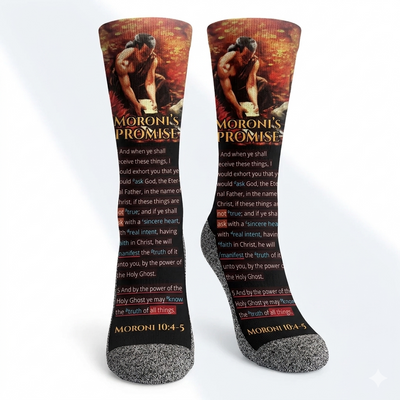 Moroni's Promise (Moroni 10:4-5) scripture-themed crew socks by B.O.M.Socks, view 1 of 4